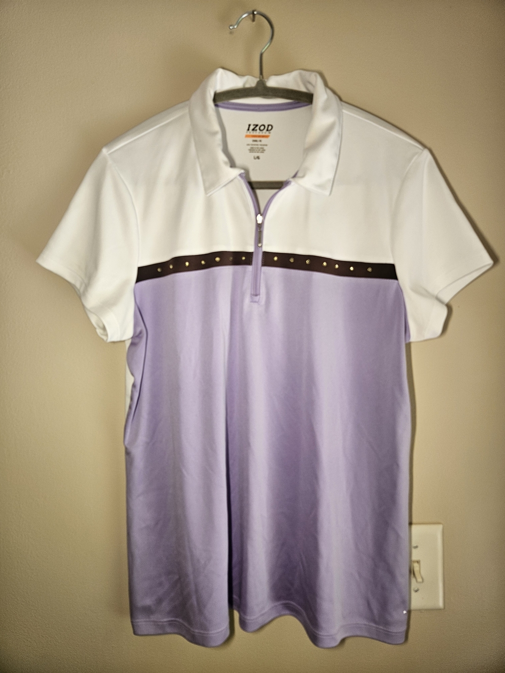 Izod Sz L. Cool-FX White & Lavender Half-Zip Golf Polo with Sparkly Trim
